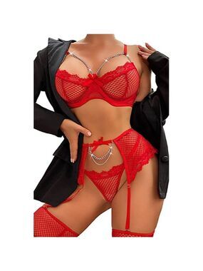SEXY Eyelash Fishnet Lingerie Chain Babydoll Underwire Bra Panty Set Garter Belt